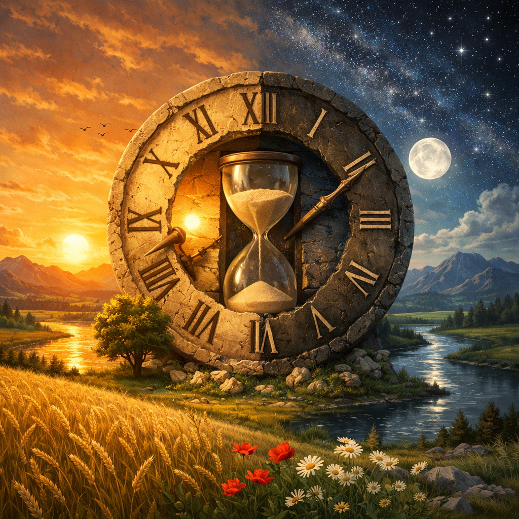 Stone clock with an hourglass in the center between day and night landscapes